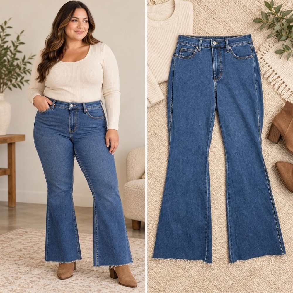 Judy Blue Jeans JB88611 Women's 16W Medium Blue High Waist Raw Hem Flare Western